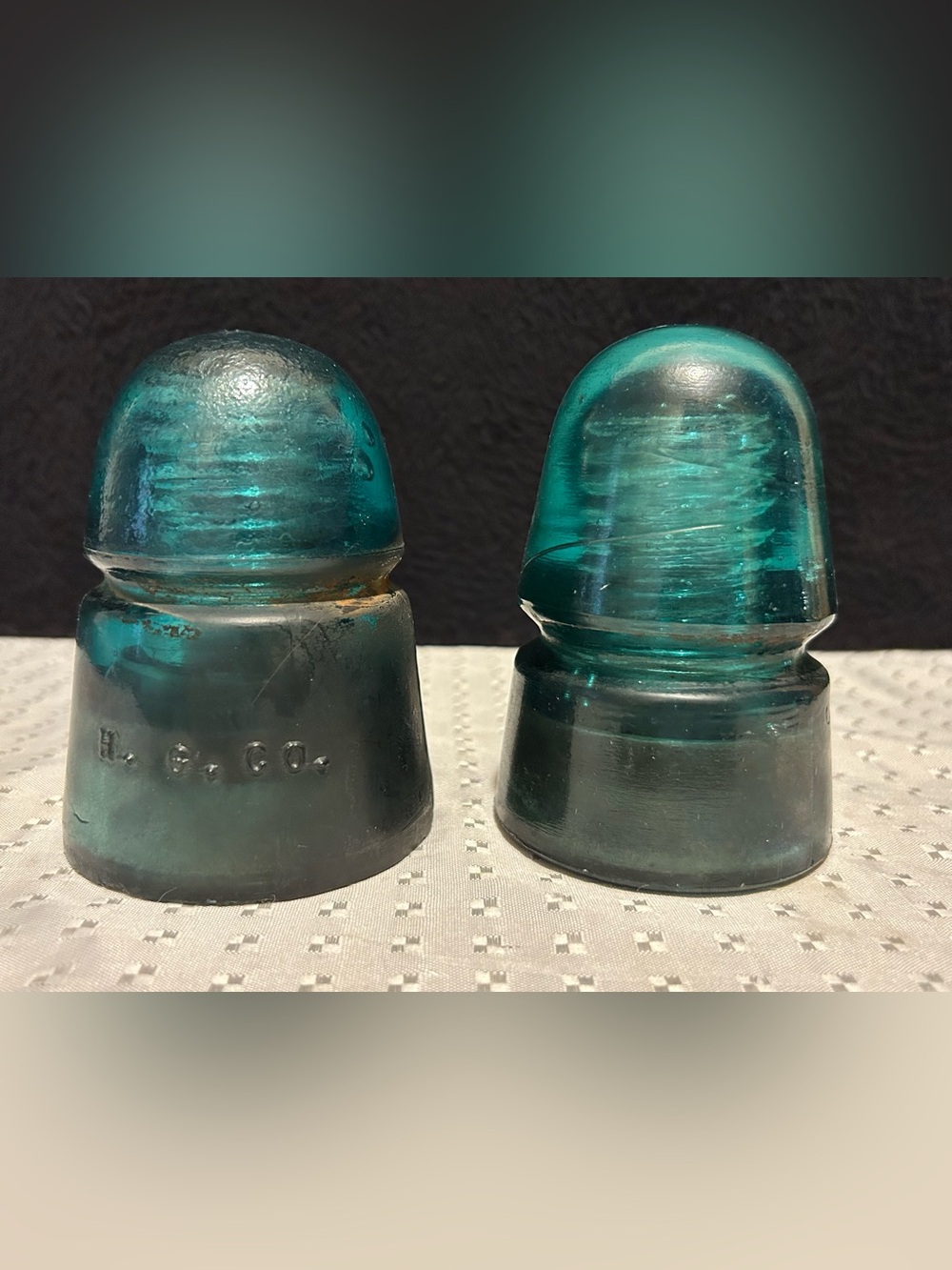 Vintage HG CO Glass Insulators Teal Aqua Green Set of 2